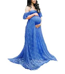 babao Umstands-Spitzen-Foto-Shooting-Kleid Kalte Schulter Rüschenärmel Elegante Kleider Schwangere Mutter Hochzeit Schleppendes Kleid von babao