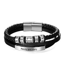 band new RolaQueen Männer Namensarmbänder Personalisierte Leder Armreif Schwarz Lederband mit 5 Namen Gravur für Herren, geflochten Echtleder Breites Lerderarmband Wickelarmband Silber von band new