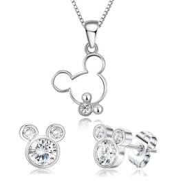 baobei Mickey Mouse Halskette Damenschmuck Set 925 Sterling Silber Zirkonia Minnie Mouse Anhänger Halskette und Ohrstecker Schmuck Geschenk für Frauen Mädchen mit Silberkette Schmuckschatulle von baobei