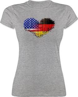 L191 tailliertes Damen Frauen Rundhals T-Shirt - Flaggen - Amerika Deutschland USA Germandy - L - Grau meliert - deutsch amerikanische t- Shirt deutsche Geschenke für Amerikaner t-Shirts Germany von beVintage