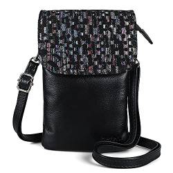 befen Echtes Leder Kleine Handy Crossbody Tasche Geldbörsen für Frauen Cross Body, Silber Reißverschluss, Schwarz mit Glitzer, Small von befen