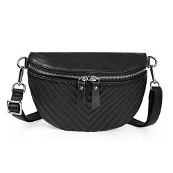 befen Kleine Umhängetasche aus echtem Leder, für Damen, Teenager, Mädchen, Reisen, Style-01 Chevron gesteppt, Schwarz, Small, Gürteltasche, Umhängetasche von befen