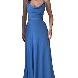 Lulah Drape Maxi Dress with Built-in Bra, Summer solid Color Round Neck Sling Waist sexy Dress (L,Blue) von behound