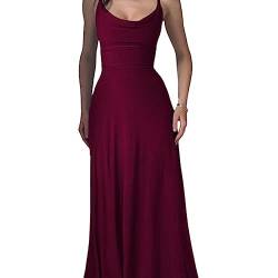 Lulah Drape Maxi Dress with Built-in Bra, Summer solid Color Round Neck Sling Waist sexy Dress (S,Wine Red) von behound