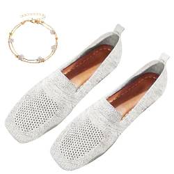 Women Comfortable Arch Support Non-Slip Flat Shoes, Plus Size Womens Lightweight Breathable Knit Square Toe Flats, Ladies Comfort Slip Ons Orthopaedic Walking Shoes (White,39) von behound
