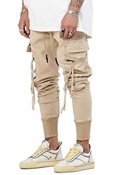 behype. Herren Cargo Hose Jogger Jeans-Hose mit Zipper-Tasche 80-1549 Beige W33/L32 von behype.