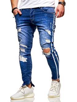 behype. Herren Destroyed Stretch Jeans-Hose im Used-Look mit Side-Stripe 80-4069 Blau W32/L32 von behype.