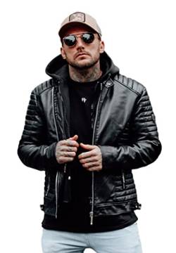 behype. Herren Kunstlederjacke Übergangsjacke Biker-Jacke mit abtrennbarer Kapuze 55-1082 Schwarz M von behype.