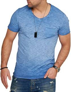 behype. Herren Kurzarm T-Shirt Washed Look mit Brusttasche V-Neck 4663-Blau-XXL von behype.