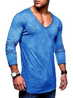 behype. Herren Oversize Longsleeve Langarm T-Shirt V-Neck Ausschnitt 30-0014 Blau S von behype.