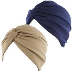 beifon 2 Stück Beanie Mütze Turban Damen Aus Baumwolle Elastisches Printed Schlafmütze Turban Kappe Hut Kopftuch für Haarverlust Haarausfall Muslim (Marine+Khaki) von beifon