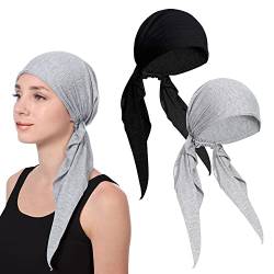 beifon 2 Stück Turban Chemo Damen Kopfbedeckung Baumwolle Kopftuch Mütze Beanie Haar Tücher Schlafmütze Bikertuch Headwraps für Chemo Krebs Haarverlust Schlafen (Schwarz+Grau) von beifon