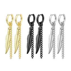 beyoutifulthings 5 Paar Damen Ohr-ringe CREOLE Feder-Ketten Anhänger 2mm breit Ohringe Ohr-stecker Chirurgenstahl Gold Schwarz Silber 8mm von beyoutifulthings