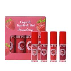 Lippenstift Glitzer Rot 4er-Pack Frucht-Lipgloss-Set mit Samt- und Antihaftbeschichtung, Lippenglasur, flüssiger Lippenstift, 3 ml*4 Kussechter Lippenstift Mit Leichtem Glanz (C, A) von biJerou