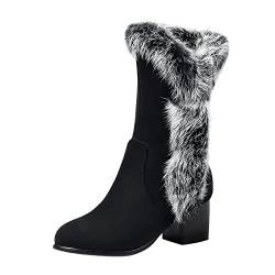 biJerou Schneestiefel Damen Warm Plüsch Mittlere Stiefel mit Klobiger Absatz Modische Velour Damenstiefel Warm Winterschuhe Trendige Bequeme Halbstiefel mit Zipper Damen Winterstiefel von biJerou