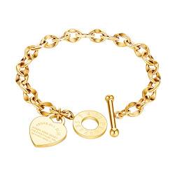 bigsoho Damen Armband Armkette Liebe Herz Anhänger Edelstahl Elegant Panzerkette (Gold) von bigsoho
