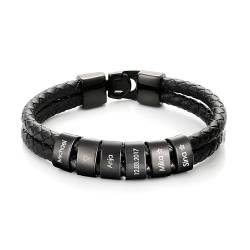 bijuuu Lederarmband Herren – Echtleder Armband mit Namen – Flechtarmband aus Leder inklusive Gravur – Namensarmband personalisiert – Geschenke für Männer – Edelstahl – Black Beads (10 Ringe) von bijuuu