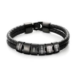 bijuuu Lederarmband Herren – Echtleder Armband mit Namen – Flechtarmband aus Leder inklusive Gravur – Namensarmband personalisiert – Geschenke für Männer – Edelstahl – Black Beads (5 Ringe) von bijuuu