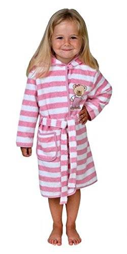 Kinder Bademantel Kinderbademantel mit Kapuze Teddy Farbe Rosa geringelt Größen 74/80 - 110/116 Größe 110/116, 100% Baumwolle