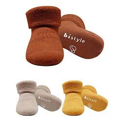 bistyle Baumwolle 3 Paar Baby Socken für Neugeborene Anti Rutsch Dicke Manschette | Nahtlose Babysocken | Jungen Mädchen Kleinkind Socken (as3, age, 0_month, 6_months, Braun) von bistyle