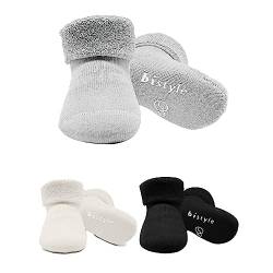 bistyle Baumwolle 3 Paar Baby Socken für Neugeborene Anti Rutsch Dicke Manschette | Nahtlose Babysocken | Jungen Mädchen Kleinkind Socken (as3, age, 6_months, 12_months, Grau) von bistyle