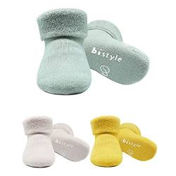 bistyle Baumwolle 3 Paar Baby Socken für Neugeborene Anti Rutsch Dicke Manschette | Nahtlose Babysocken | Jungen Mädchen Kleinkind Socken (as3, age, 6_months, 12_months, Nil Grün) von bistyle