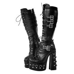 blingqeen Punk Stiefel Plateau Schnürstiefel für Damen Blockabsatz Gothic Boots Schwarz 45 EU von blingqueen