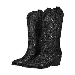 blingqueen Cowboy Stiefel Damen Glitzer Boots Western Absatz Schwarz 36 EU von blingqueen