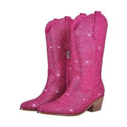 blingqueen Cowboy Stiefel Damen Glitzer Boots Westernstiefel Gestapelter Blockabsatz Pink 44 EU von blingqueen