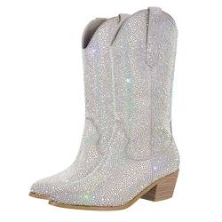 blingqueen Cowboy Stiefel Glitzer Boots Western Absatz Silber 35 EU von blingqueen