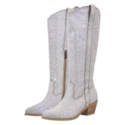 blingqueen Cowboy Stiefel Langschaft Glitzer Boots Westernabsatz Strass Westernstiefel Silber 37 EU von blingqueen