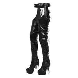 blingqueen Damen Chap Stiefel Plateau Boots Stiletto Overknee mit Fransen Lederimitat Schwarz 40 EU von blingqueen