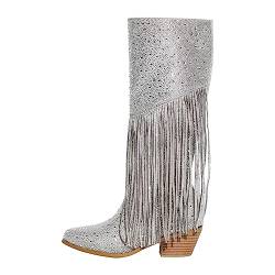 blingqueen Damen Cowboy Boots Stiefel Glitzer Westernstiefel Silber 42 EU von blingqueen