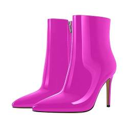 blingqueen Damen Klassische Stiefeletten Spitze Stiletto Ankle Boots Zipper Reißverschluss Lack Fuchsia 44 EU von blingqueen