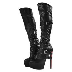 blingqueen Damen Knee High Boots Plateau Stiletto Stiefel mit Riemen Schnallen Lederoptik Schwarz 36 EU von blingqueen