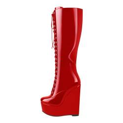 blingqueen Damen Kniehohe Stiefel Schnürstiefel mit Keilabsatz Plateau Wedges Boots Lack Rot 42 EU von blingqueen