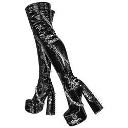 blingqueen Damen Overknee Plateau Blockabsatz Stiefel Punk Boots Zipper Metallic Schwarz 38 EU von blingqueen