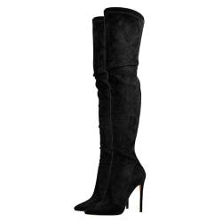 blingqueen Damen Overknee Stiefel Stiletto High Heels Spitze Thigh Boots Stretch Faux Suede Schwarz 40 EU von blingqueen