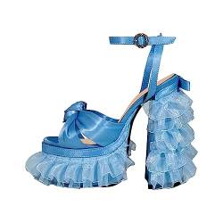 blingqueen Damen Peeptoe Sandalen Plateau High Heels Sandaletten Blockabsatz Satin Hellblau 38 EU von blingqueen