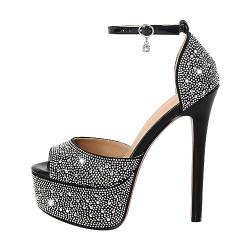 blingqueen Damen Peeptoe Sandalen Stiletto High Heels Plateau Glitzer Sandaletten Riemchensandalen mit Strass Schwarz 36 EU von blingqueen