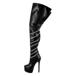 blingqueen Damen Plateau Overknee Stiletto Stiefel mit Ketten Punk Boots Schwarz 45 EU von blingqueen