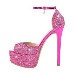 blingqueen Damen Plateau Sandalen Peeptoe Sandaletten High Heels Stiletto Sandaletten Glitzer Fuchsia 42 EU von blingqueen