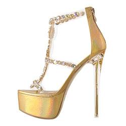 blingqueen Damen Plateau Sexy High-Heel Sandalen mit Stiletto Gold Strasssteinen EU 39 von blingqueen