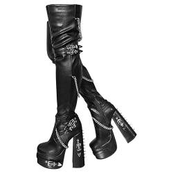 blingqueen Damen Plateau Stiefel Gothic Overknee Boots Blockabsatz Punk Stil Ketten Schnallen Schwarz 42 EU von blingqueen