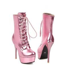 blingqueen Damen Plateau Stiefel Lace up Boots Stiletto Halbstiefel Metallic Pink 46 EU von blingqueen