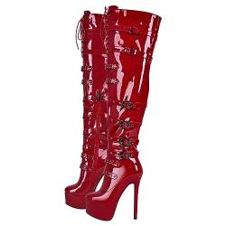 blingqueen Damen Plateau Stiefel Overknee Boots Stilettos High Heels Metallic Rot 41 EU von blingqueen