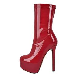 blingqueen Damen Plateau Stiefeletten Gogo Boots Stretch Stiletto Booties Metallic Rot 40 EU von blingqueen