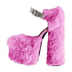 blingqueen Damen Pumps Plateau Block High Heels Plüsch Flauschige Damenschuhe mit Glitzersteinchen Pink 44 EU von blingqueen