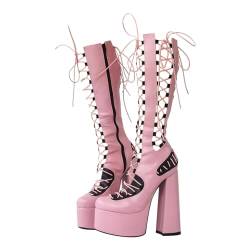 blingqueen Damen Schaftsandalen Plateau Blockabsatz Stiefel Lolita Schuhe Sandaletten Schwarz Pink 45 EU von blingqueen