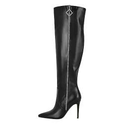 blingqueen Damen Spitze Overknees Stiletto Stiefel mit Reißverschluss Lederoptik Schwarz 44 EU von blingqueen